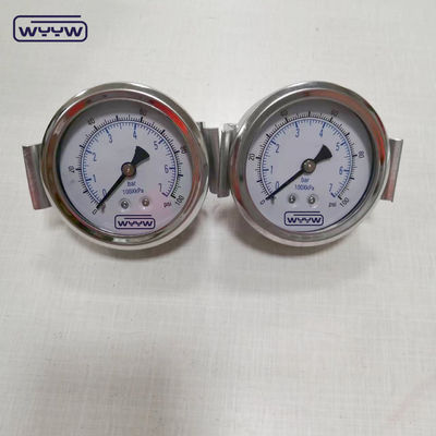 स्टेनलेस स्टील औद्योगिक हाइड्रोलिक तरल भरा दबाव मानोमीटर क्लैंप 1500psi दबाव गेज के साथ