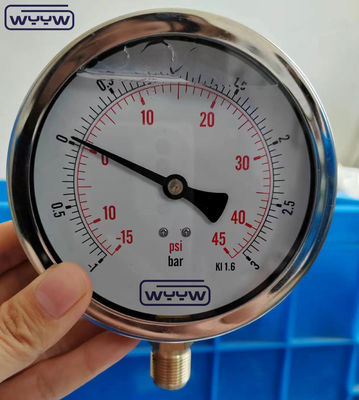 SS304 केस कंपाउंड गेज प्रेशर गेज रेडियल दिशा -1-1bar -15-15psi 100mm तेल भरना