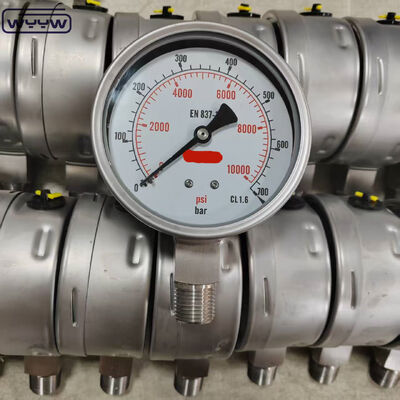 औद्योगिक अनुप्रयोगों के लिए 100 मिमी डायल और बॉटम माउंट के साथ सिलिकॉन ग्लिसरीन भरा बेज़ल रिंग प्रेशर गेज